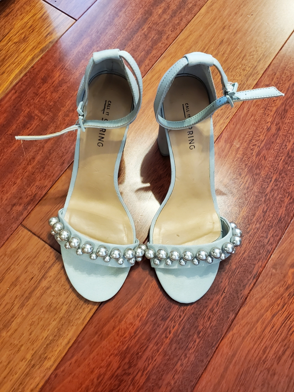 Call It Spring Pale Blue Pearl-Trim Ankle-Strap Heels